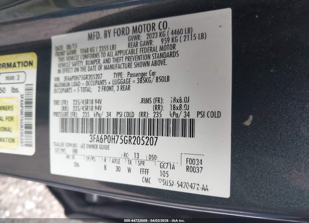 2016 FORD FUSION SE VIN: 3FA6P0H75GR205207