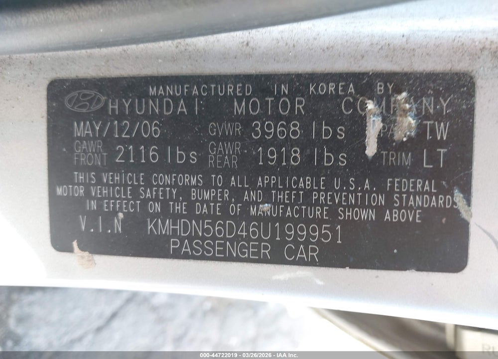 2006 HYUNDAI ELANTRA GLS/GT VIN: KMHDN56D46U199951