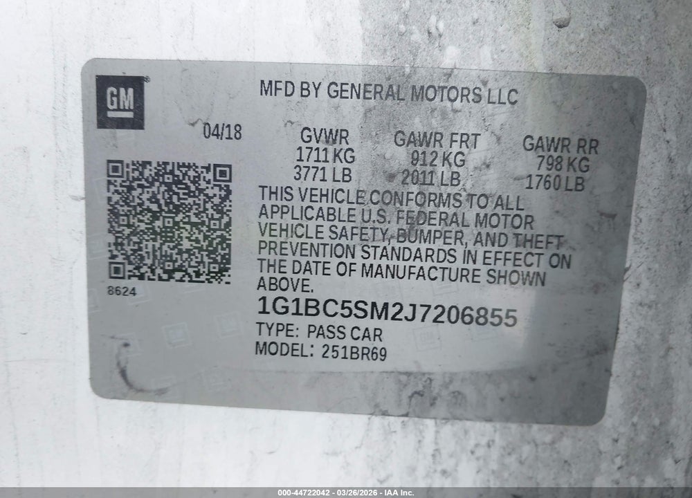 2018 CHEVROLET CRUZE LS AUTO VIN: 1G1BC5SM2J7206855