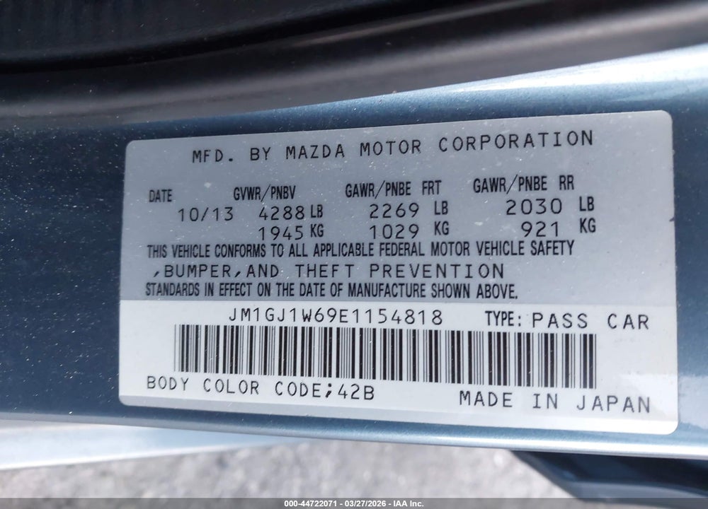 2014 MAZDA 6 I GRAND TOURING VIN: JM1GJ1W69E1154818