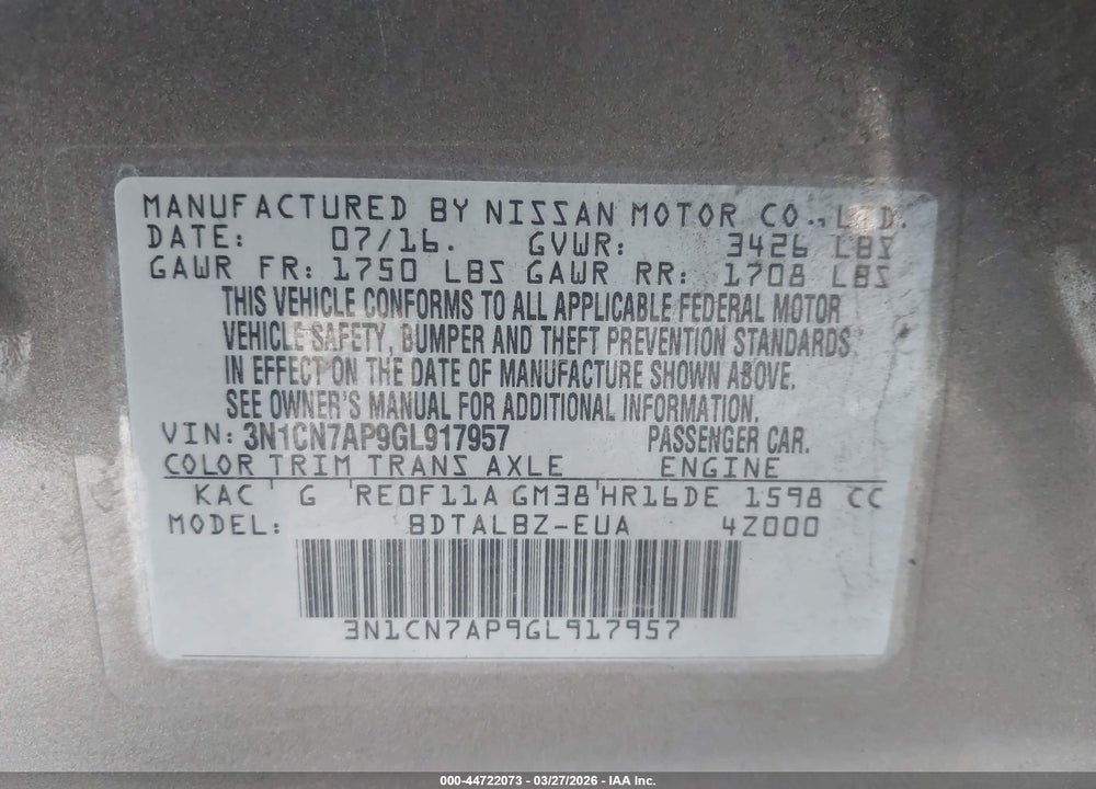 2016 NISSAN VERSA 1.6 SV VIN: 3N1CN7AP9GL917957