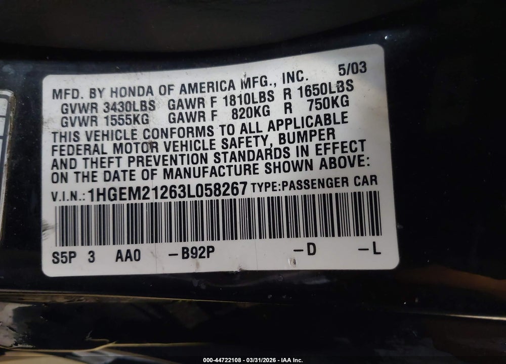 2003 HONDA CIVIC DX VIN: 1HGEM21263L058267