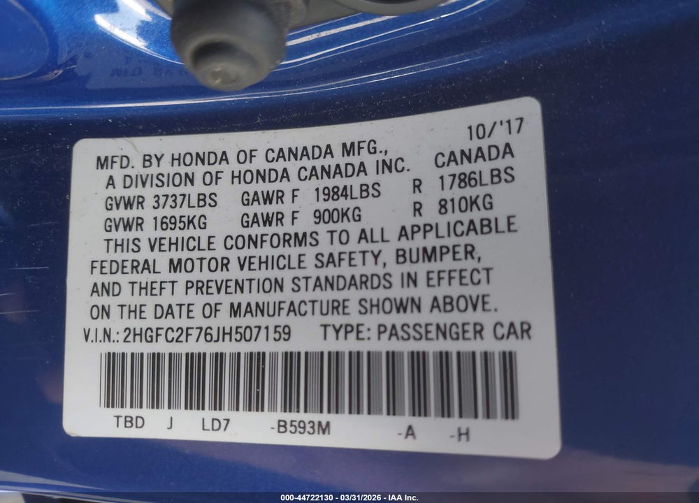 2018 HONDA CIVIC EX VIN: 2HGFC2F76JH507159