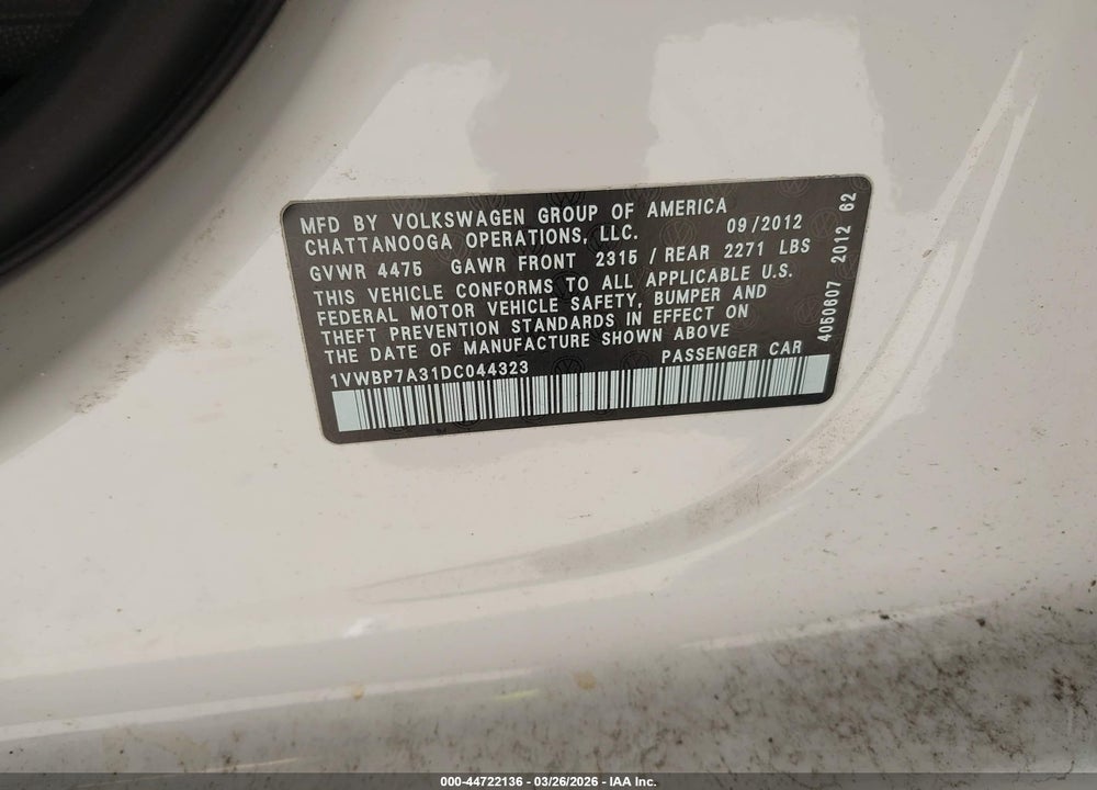2013 VOLKSWAGEN PASSAT 2.5L SE VIN: 1VWBP7A31DC044323