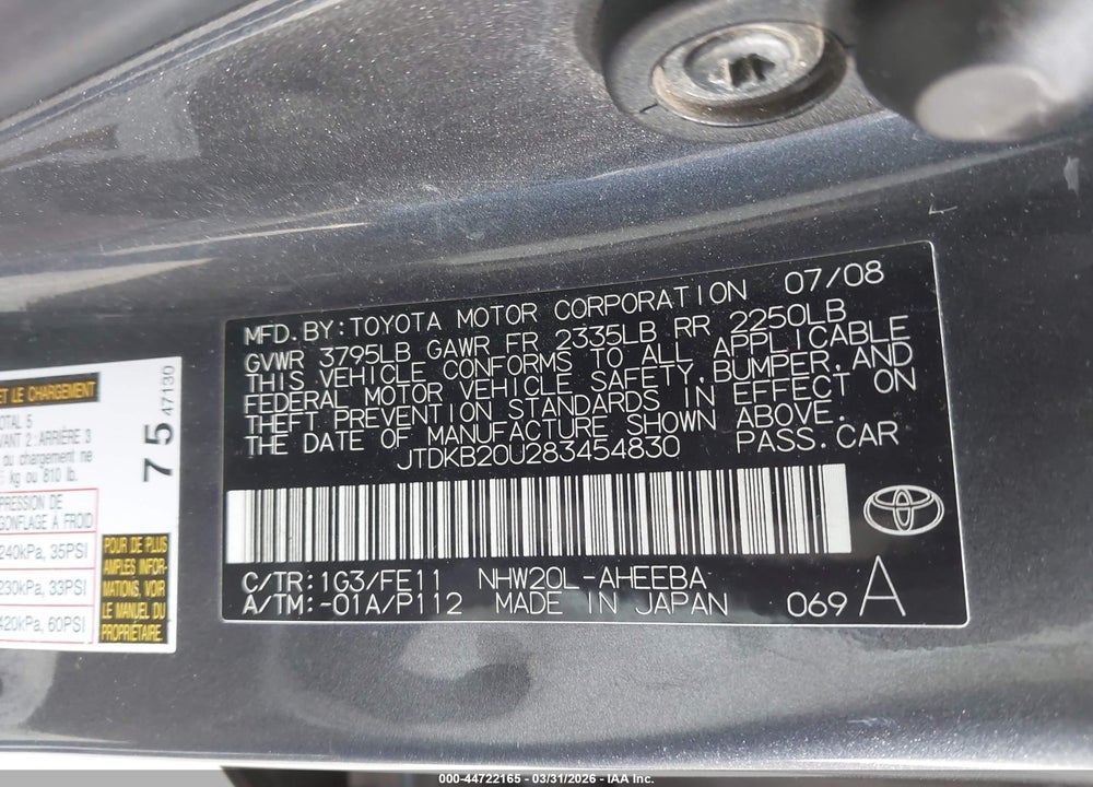 2008 TOYOTA PRIUS VIN: JTDKB20U283454830