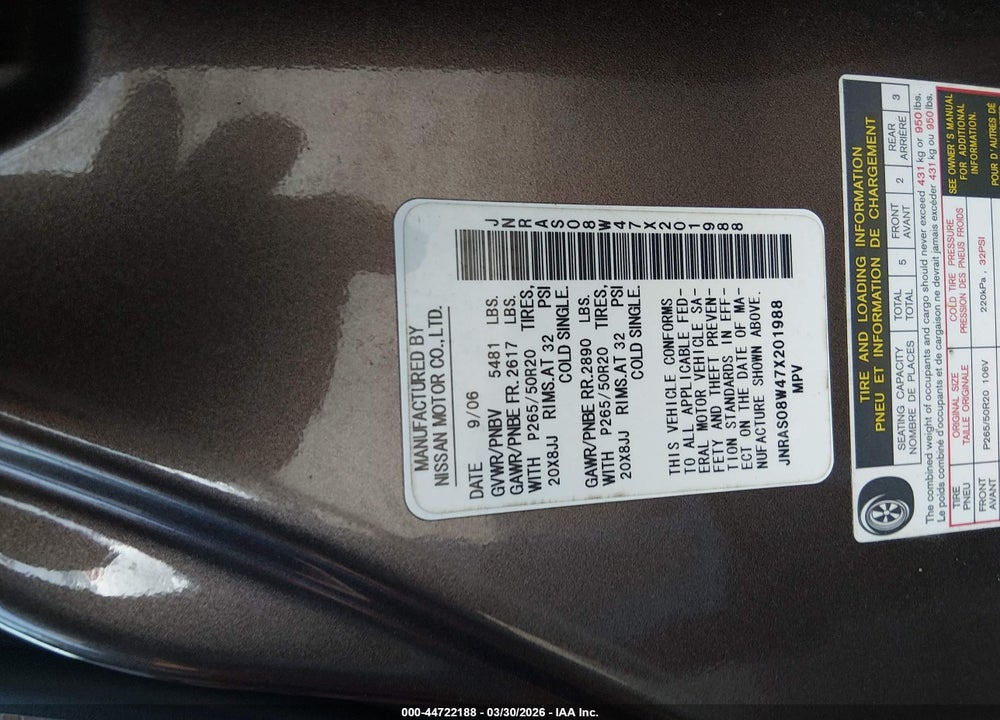 2007 INFINITI FX35 VIN: JNRAS08W47X201988