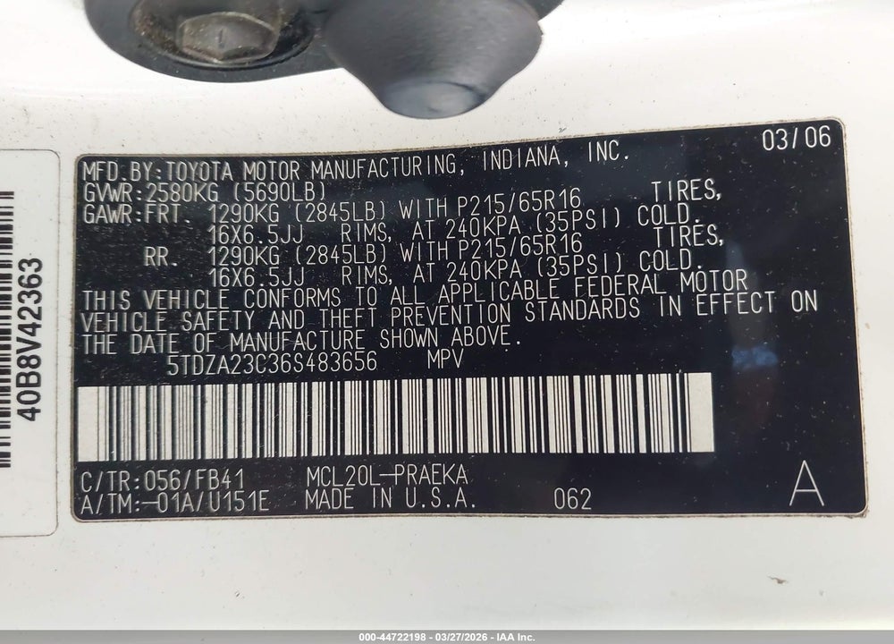 2006 TOYOTA SIENNA VIN: 5TDZA23C36S483656