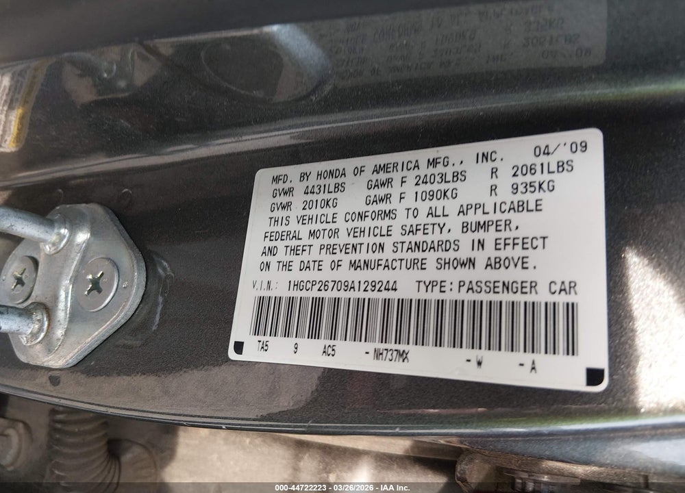 2009 HONDA ACCORD 2.4 EX VIN: 1HGCP26709A129244