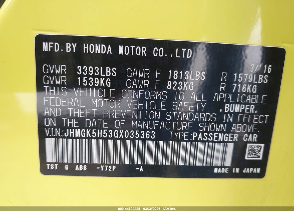 2016 HONDA FIT LX VIN: JHMGK5H53GX035363