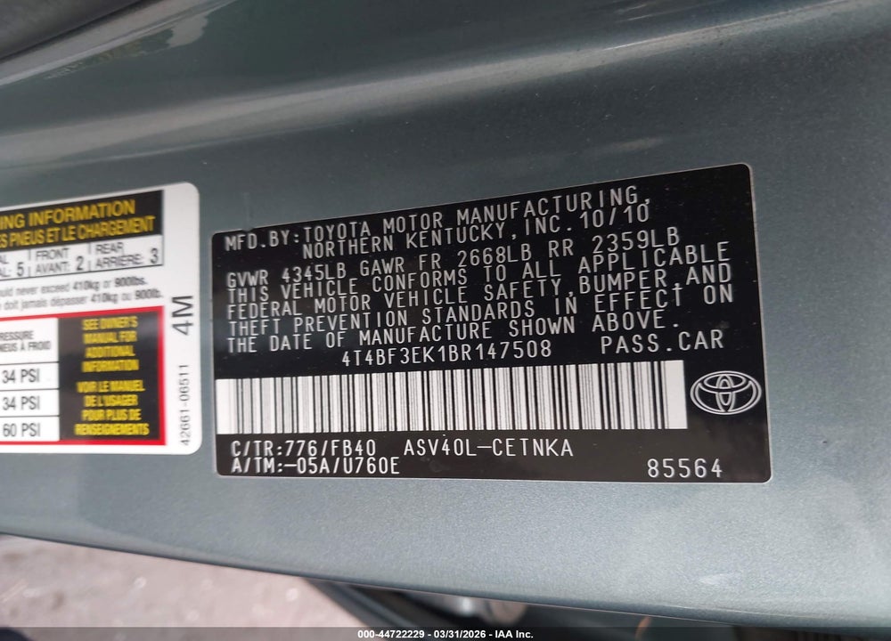 2011 TOYOTA CAMRY LE VIN: 4T4BF3EK1BR147508