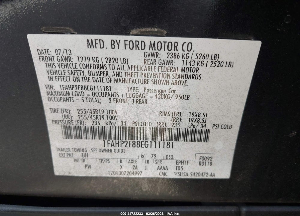 2014 FORD TAURUS LIMITED VIN: 1FAHP2F88EG111181
