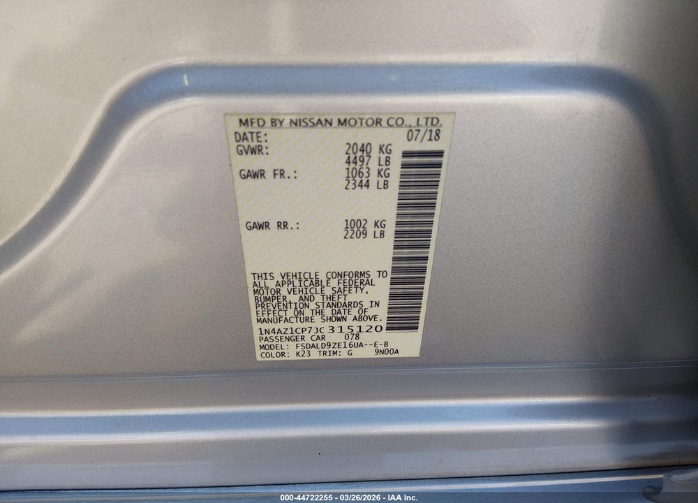 2018 NISSAN LEAF SV VIN: 1N4AZ1CP7JC315120