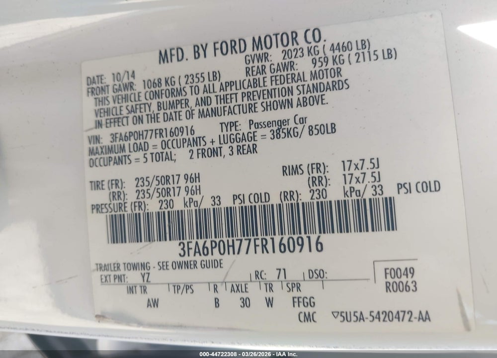 2015 FORD FUSION SE VIN: 3FA6P0H77FR160916