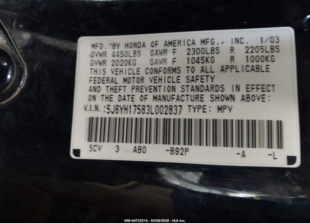 2003 HONDA ELEMENT EX VIN: 5J6YH17583L002837