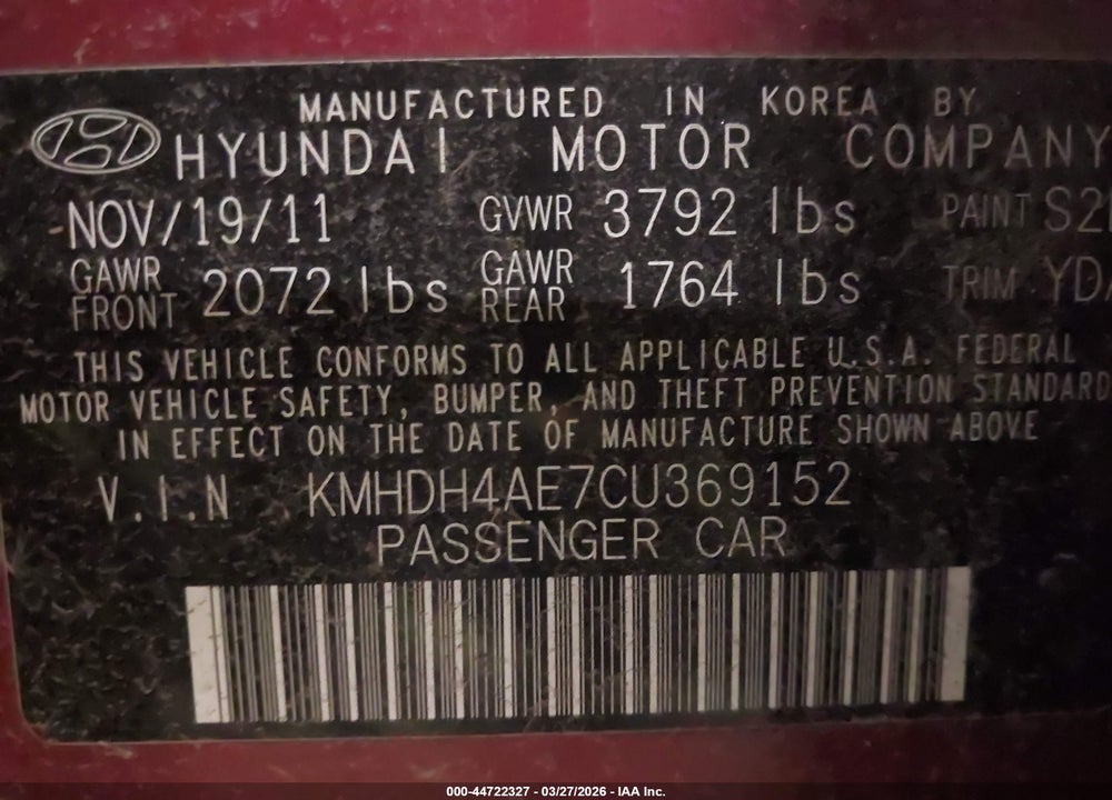 2012 HYUNDAI ELANTRA LIMITED (ULSAN PLANT) VIN: KMHDH4AE7CU369152