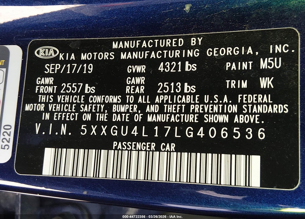 2020 KIA OPTIMA EX PREMIUM VIN: 5XXGU4L17LG406536