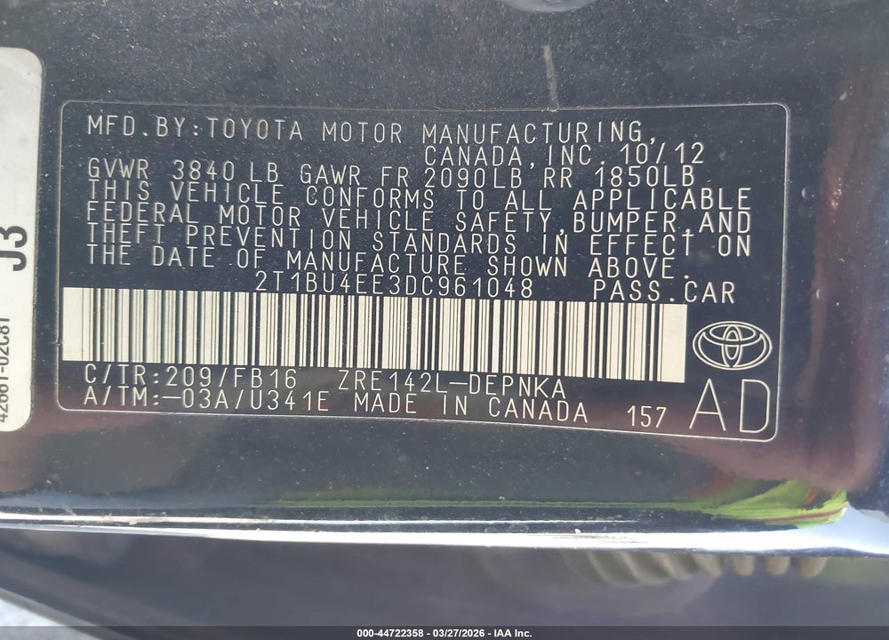 2013 TOYOTA COROLLA LE VIN: 2T1BU4EE3DC961048