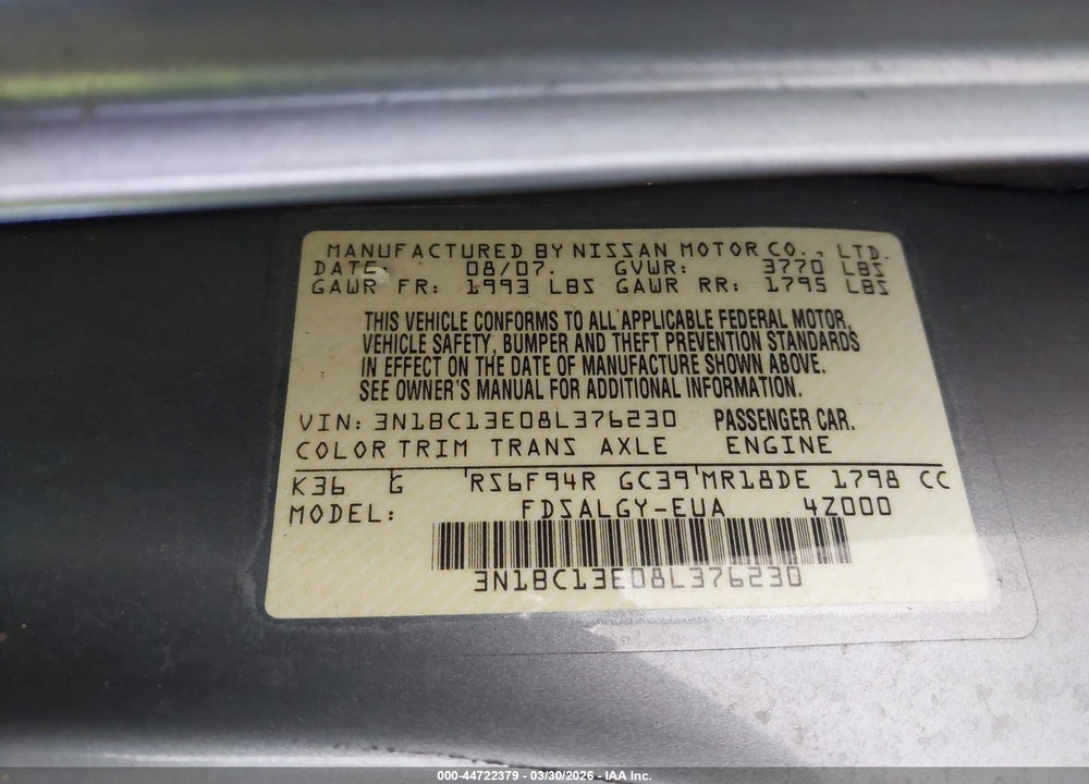 2008 NISSAN VERSA 1.8SL VIN: 3N1BC13E08L376230