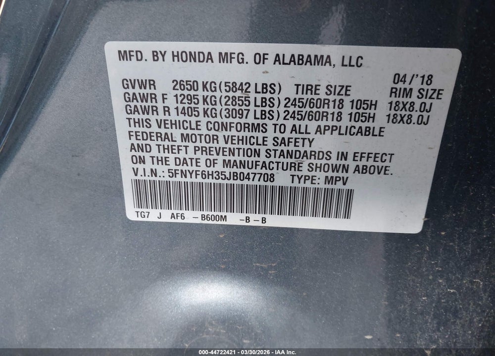 2018 HONDA PILOT EX VIN: 5FNYF6H35JB047708