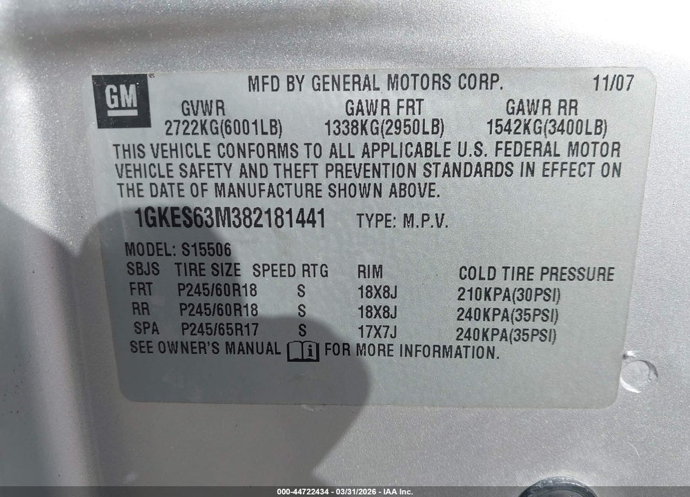 2008 GMC ENVOY DENALI VIN: 1GKES63M382181441