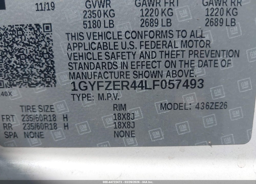 2020 CADILLAC XT4 FWD SPORT VIN: 1GYFZER44LF057493