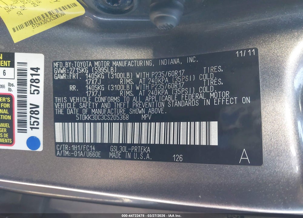 2012 TOYOTA SIENNA LE V6 8 PASSENGER VIN: 5TDKK3DC3CS205368