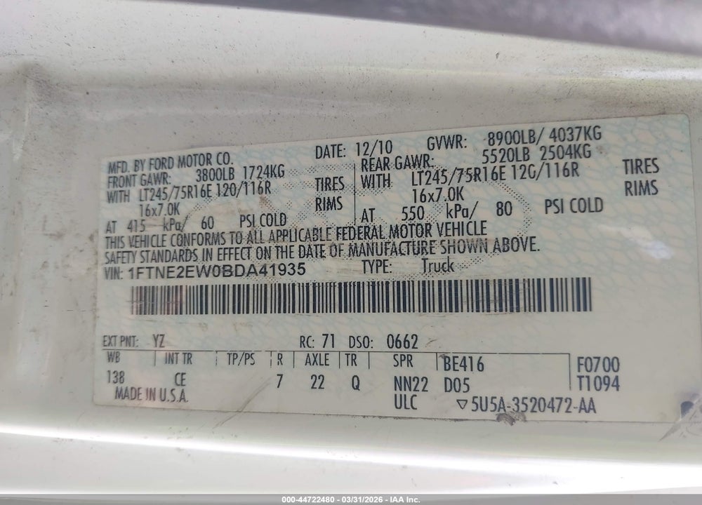 2011 FORD E-250 COMMERCIAL VIN: 1FTNE2EW0BDA41935
