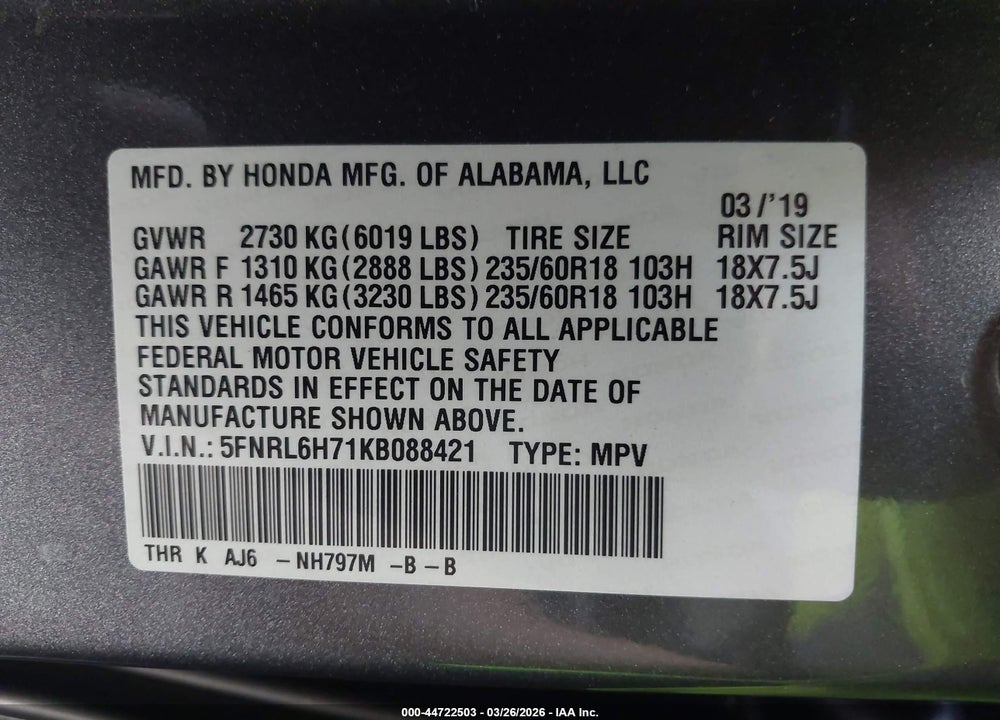 2019 HONDA ODYSSEY EX-L VIN: 5FNRL6H71KB088421
