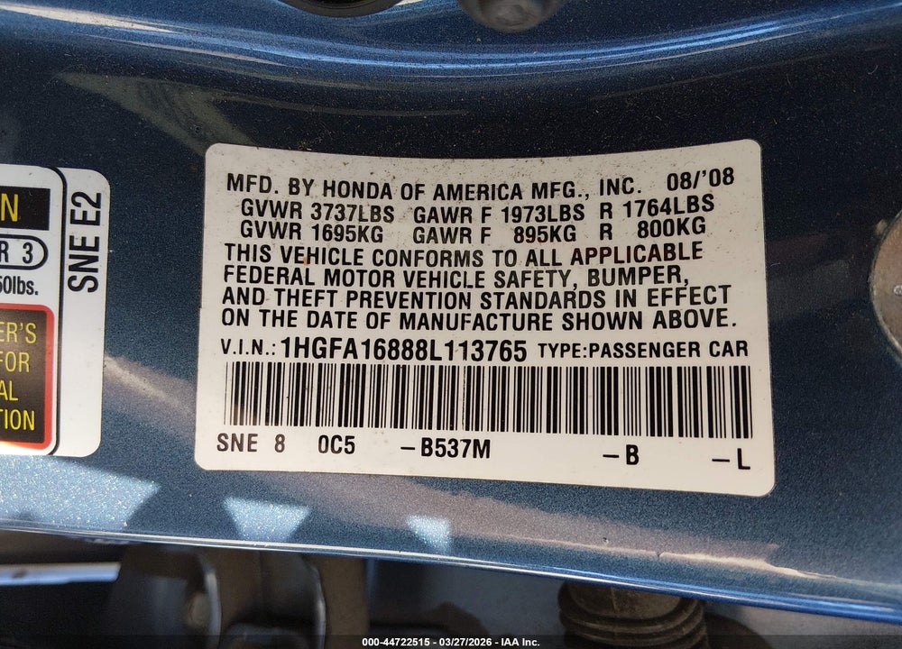 2008 HONDA CIVIC EX VIN: 1HGFA16888L113765