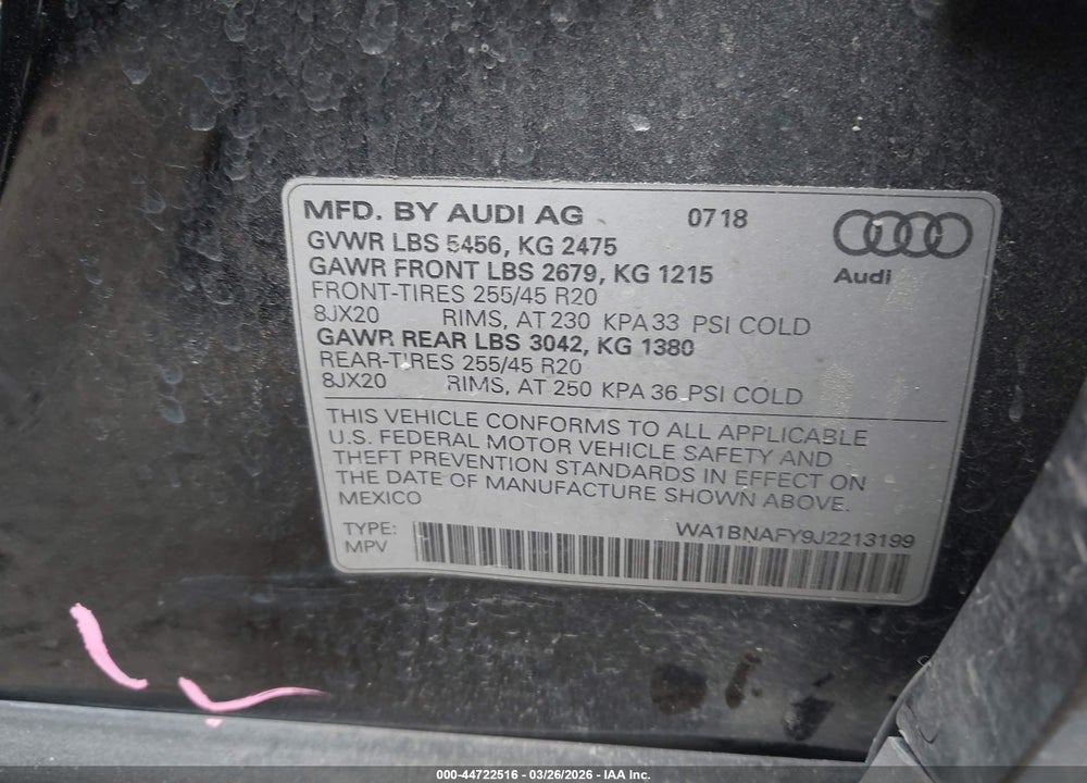 2018 AUDI Q5 2.0T PREMIUM/2.0T TECH PREMIUM VIN: WA1BNAFY9J2213199