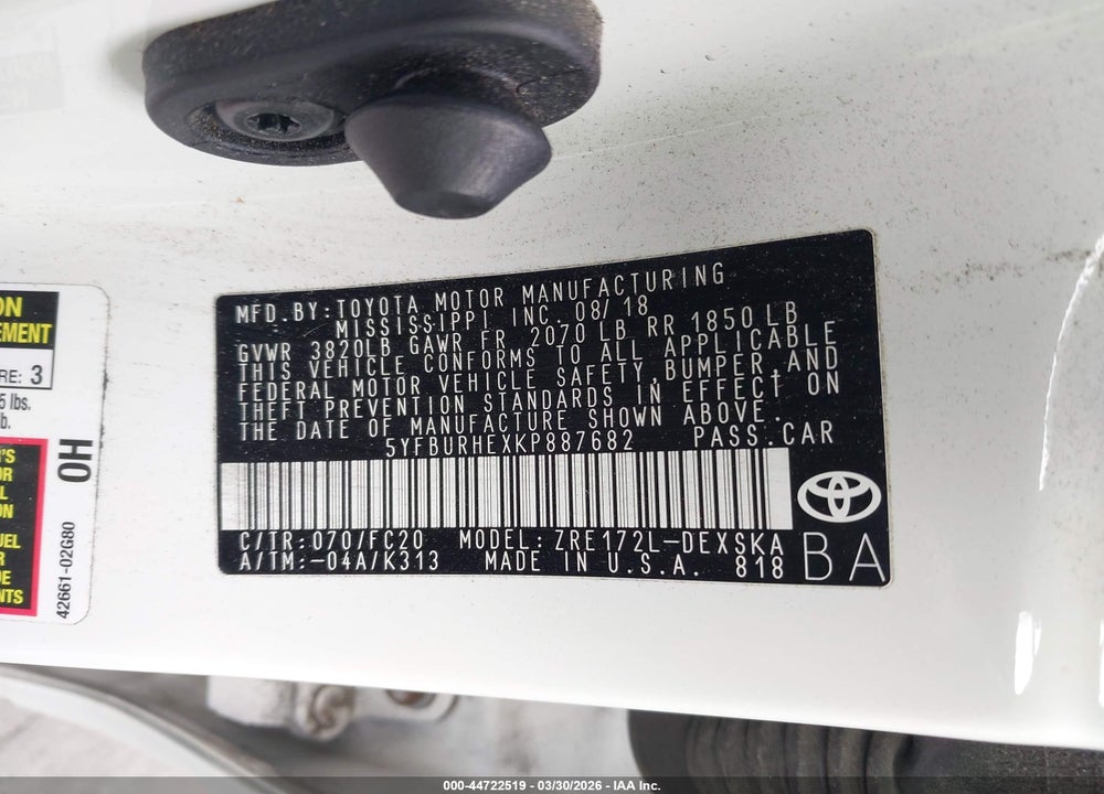 2019 TOYOTA COROLLA SE VIN: 5YFBURHEXKP887682