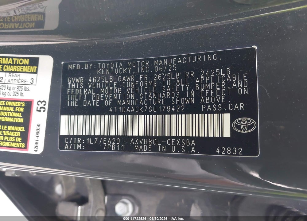 2025 TOYOTA CAMRY SE VIN: 4T1DAACK7SU179422
