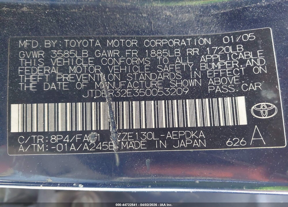 2005 TOYOTA COROLLA CE VIN: JTDBR32E350053209