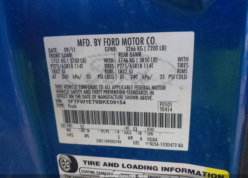 2011 FORD F-150 XLT VIN: 1FTFW1ET9BKE09154