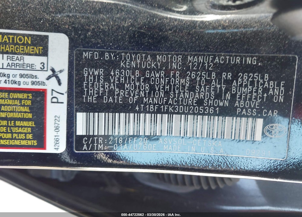 2013 TOYOTA CAMRY SE VIN: 4T1BF1FK3DU205361