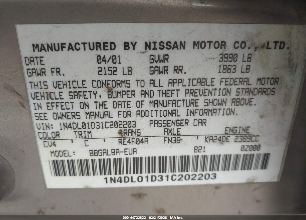 2001 NISSAN ALTIMA GXE VIN: 1N4DL01D31C202203