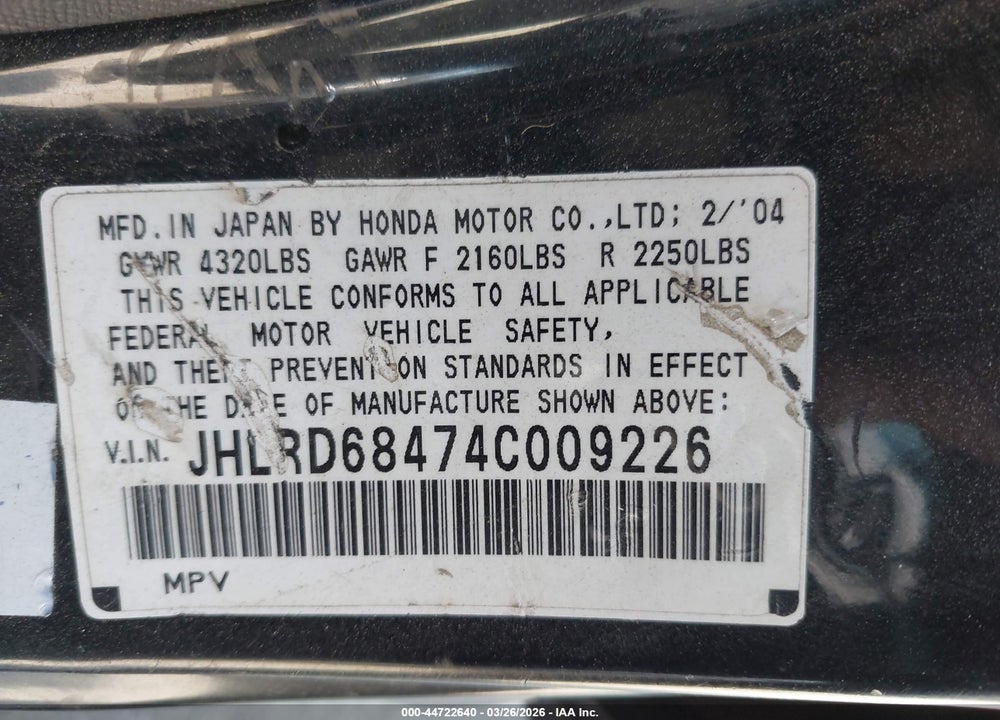 2004 HONDA CR-V LX VIN: JHLRD68474C009226