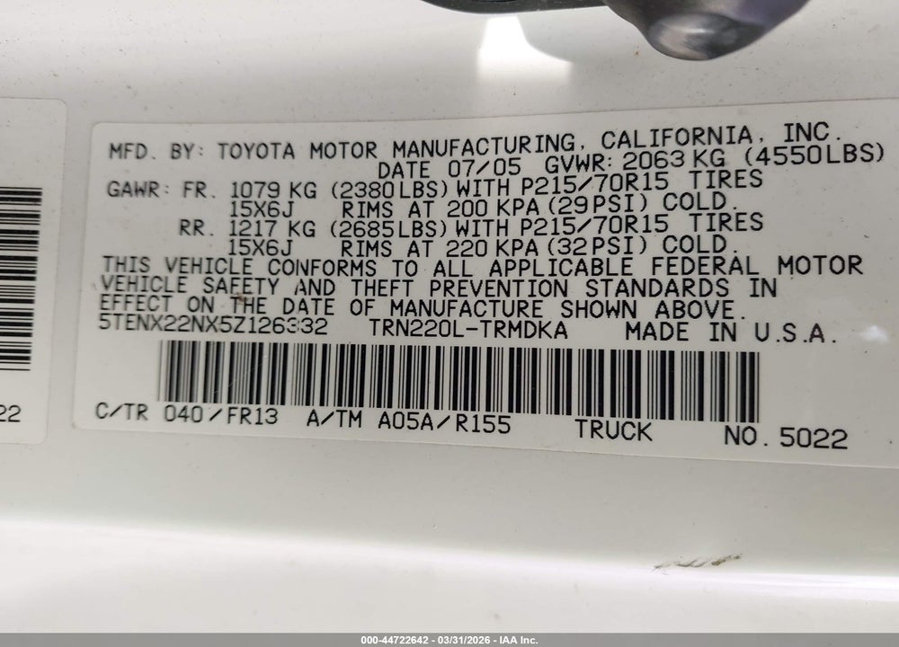 2005 TOYOTA TACOMA VIN: 5TENX22NX5Z126332