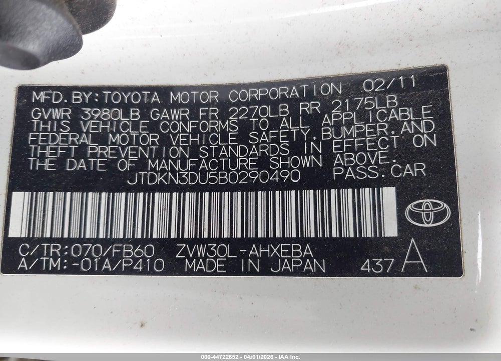 2011 TOYOTA PRIUS TWO VIN: JTDKN3DU5B0290490