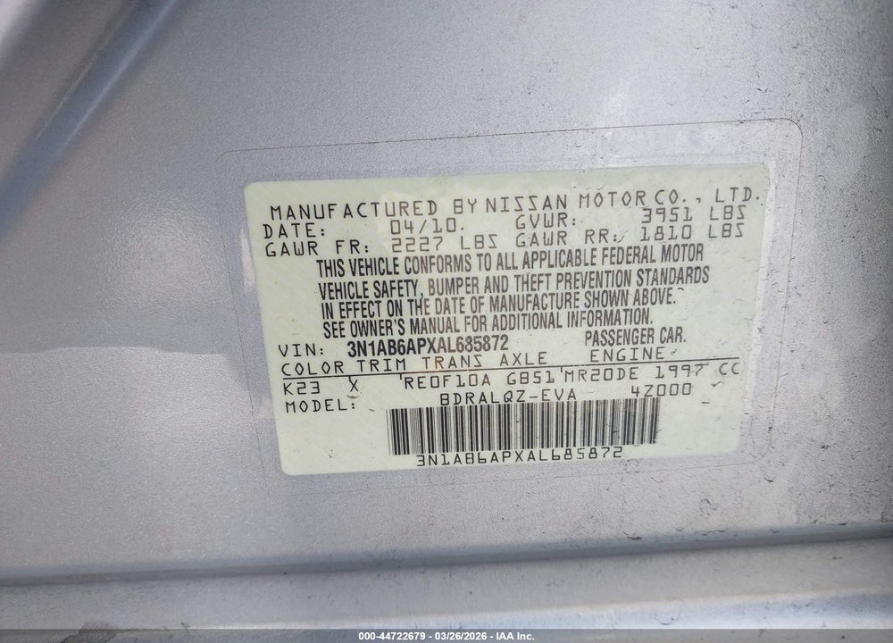 2010 NISSAN SENTRA 2.0 VIN: 3N1AB6APXAL685872