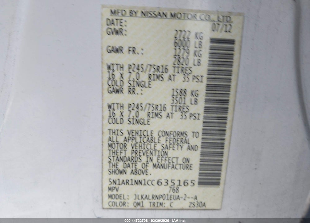 2012 NISSAN PATHFINDER S VIN: 5N1AR1NN1CC635165