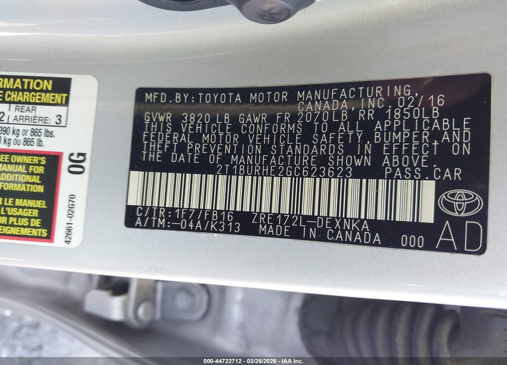 2016 TOYOTA COROLLA LE VIN: 2T1BURHE2GC623623