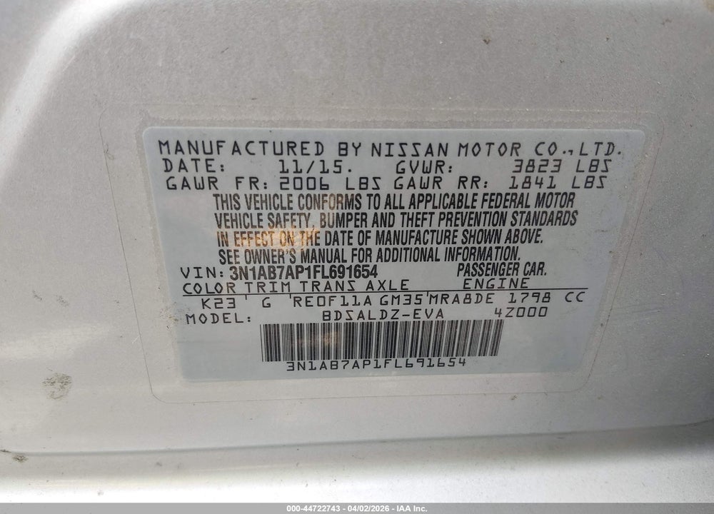 2015 NISSAN SENTRA SV VIN: 3N1AB7AP1FL691654