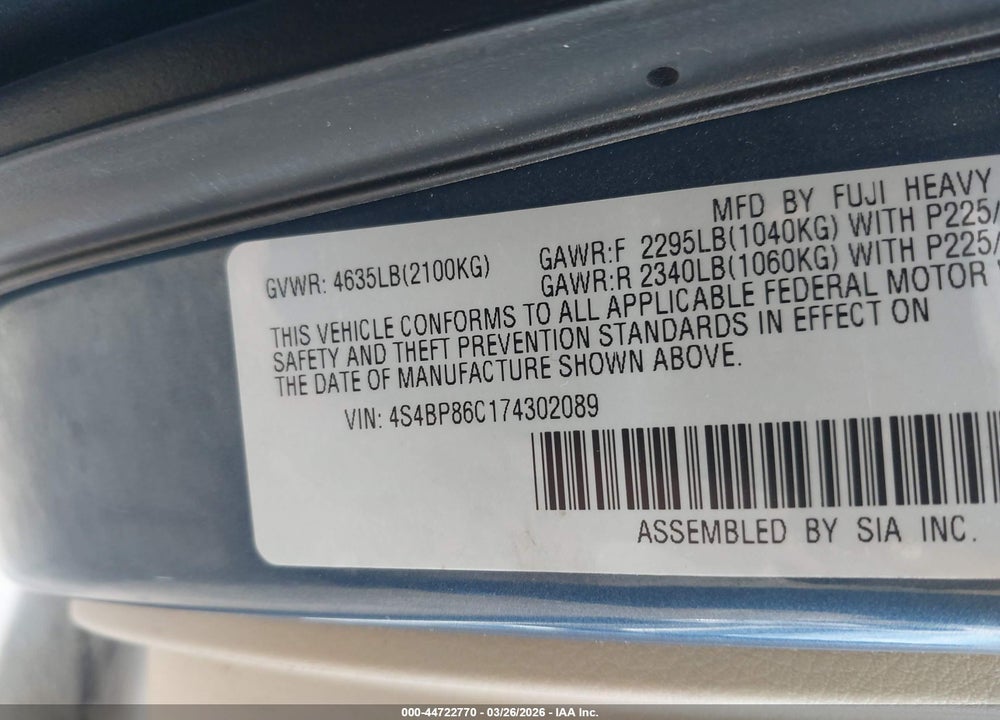 2007 SUBARU OUTBACK 3.0R L.L. BEAN EDITION VIN: 4S4BP86C174302089