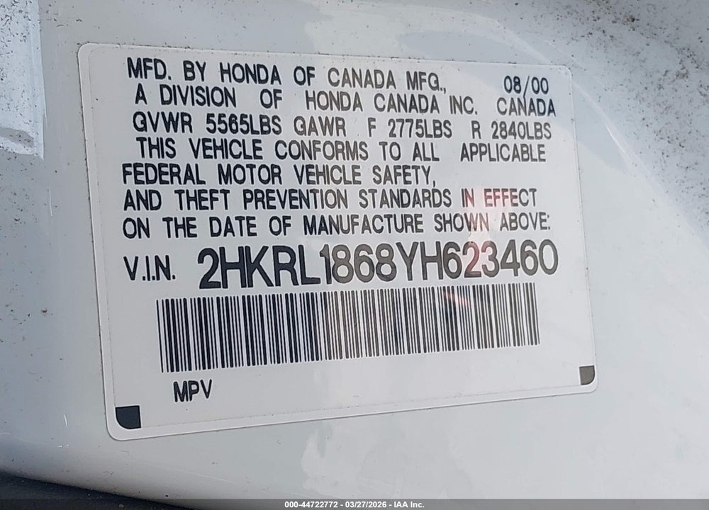 2000 HONDA ODYSSEY EX VIN: 2HKRL1868YH623460