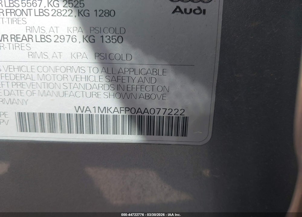 2010 AUDI Q5 3.2 PREMIUM VIN: WA1MKAFP0AA077222