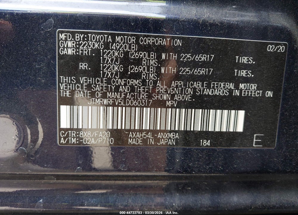 2020 TOYOTA RAV4 HYBRID XLE VIN: JTMRWRFV5LD060317