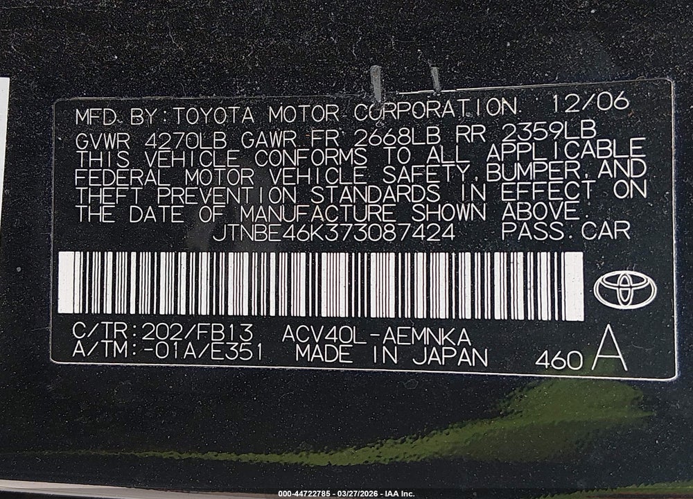 2007 TOYOTA CAMRY CE VIN: JTNBE46K373087424
