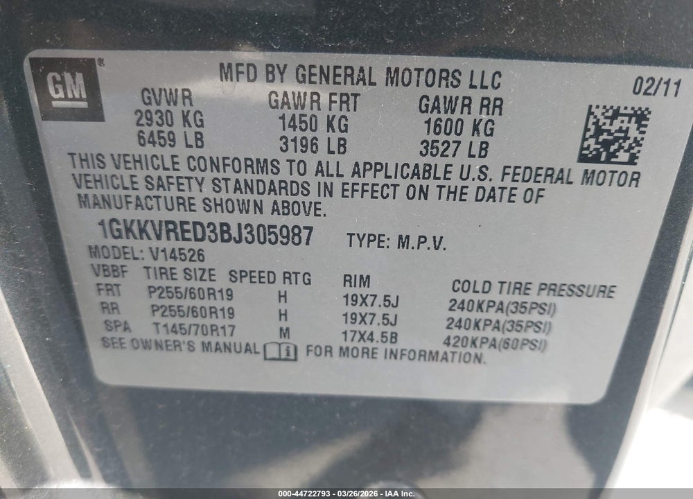 2011 GMC ACADIA SLT-1 VIN: 1GKKVRED3BJ305987