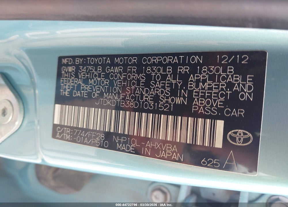 2013 TOYOTA PRIUS C TWO VIN: JTDKDTB38D1031521